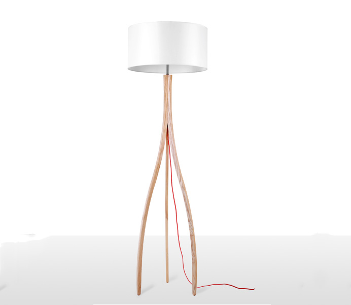 Bent Tripod Timber Floor Lamp with White Lampshade 