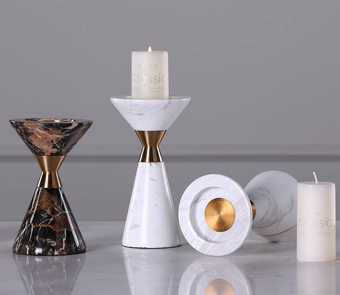 Marble Candlestick with Gold Color Metal 