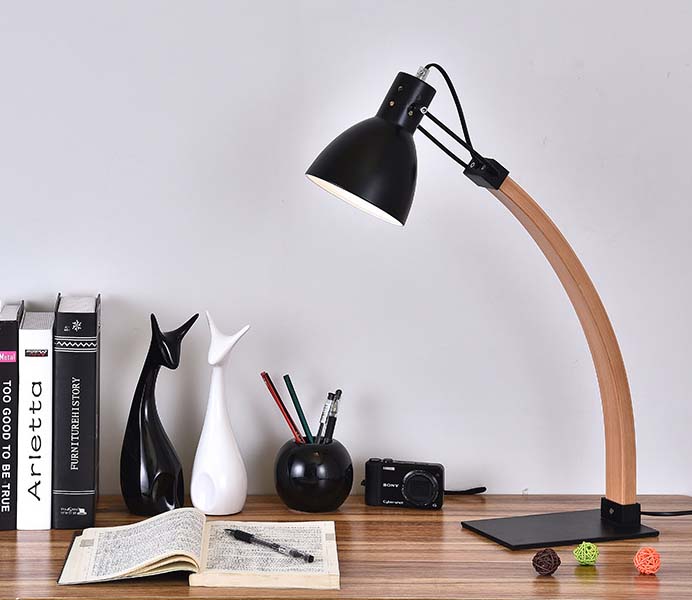 Hot Sale Bent Wooden Table Reading Lamps with Iron Shade 