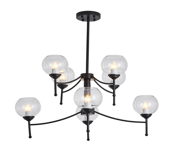 8 Lights Black Upward Iron Chandelier with Glass 