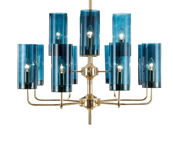 Gold Iron 6 Lights E14 Chandelier with Dark Blue Glass 