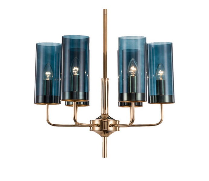 Gold Iron 6 Lights E14 Chandelier with Dark Blue Glass 