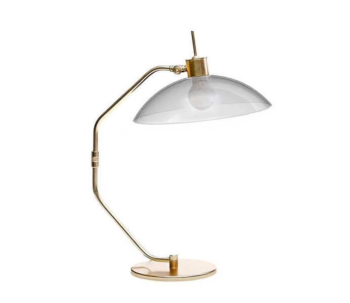 Gold Metal Bent Arm Table Lamp with Glass Shade 